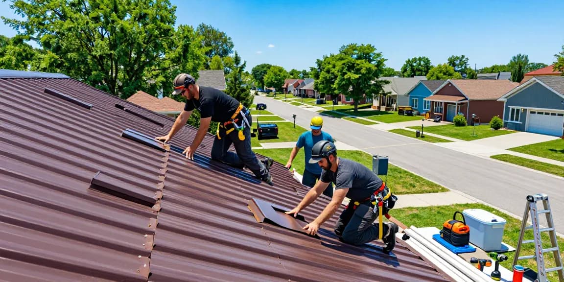 mroof team installing durable metal roofing on a suburban home, showcasing quality craftsmanship and community-focused roofing solutions.