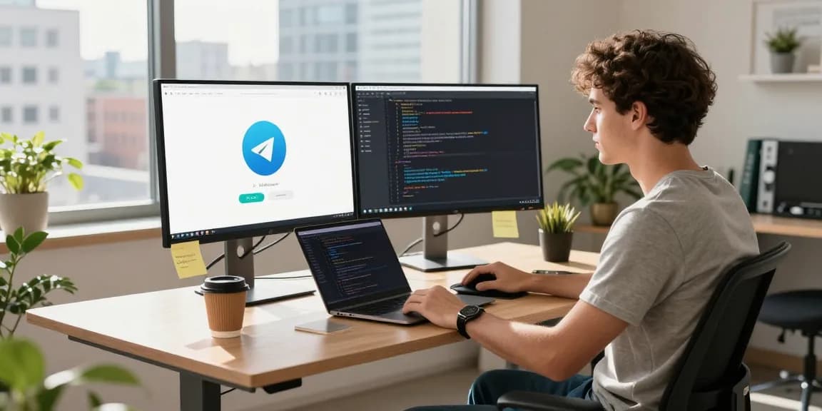Telegram Download in a modern tech workspace featuring a developer coding and using the app on dual monitors.